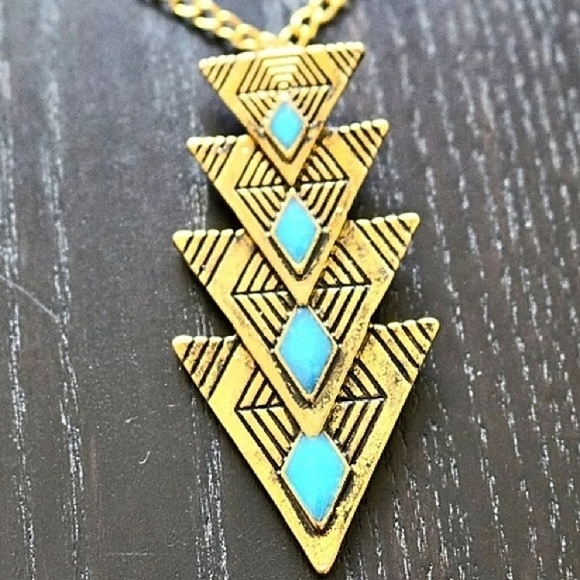 Boho Geometric Gold and Blue Necklace - Picture 2 of 4